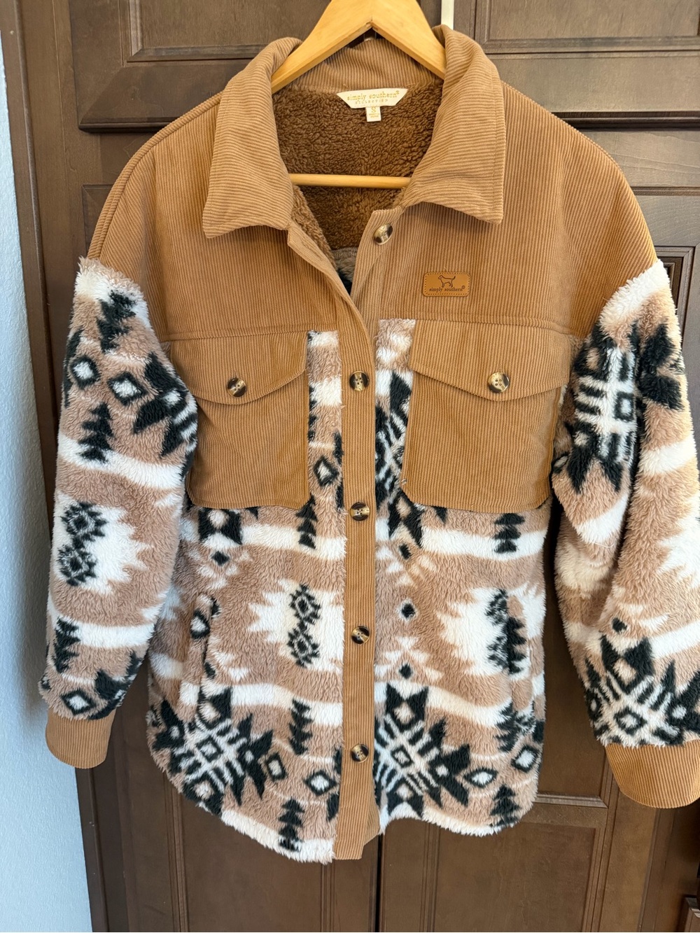 Simply Southern Tan Camel Patterned Sherpa Shacket